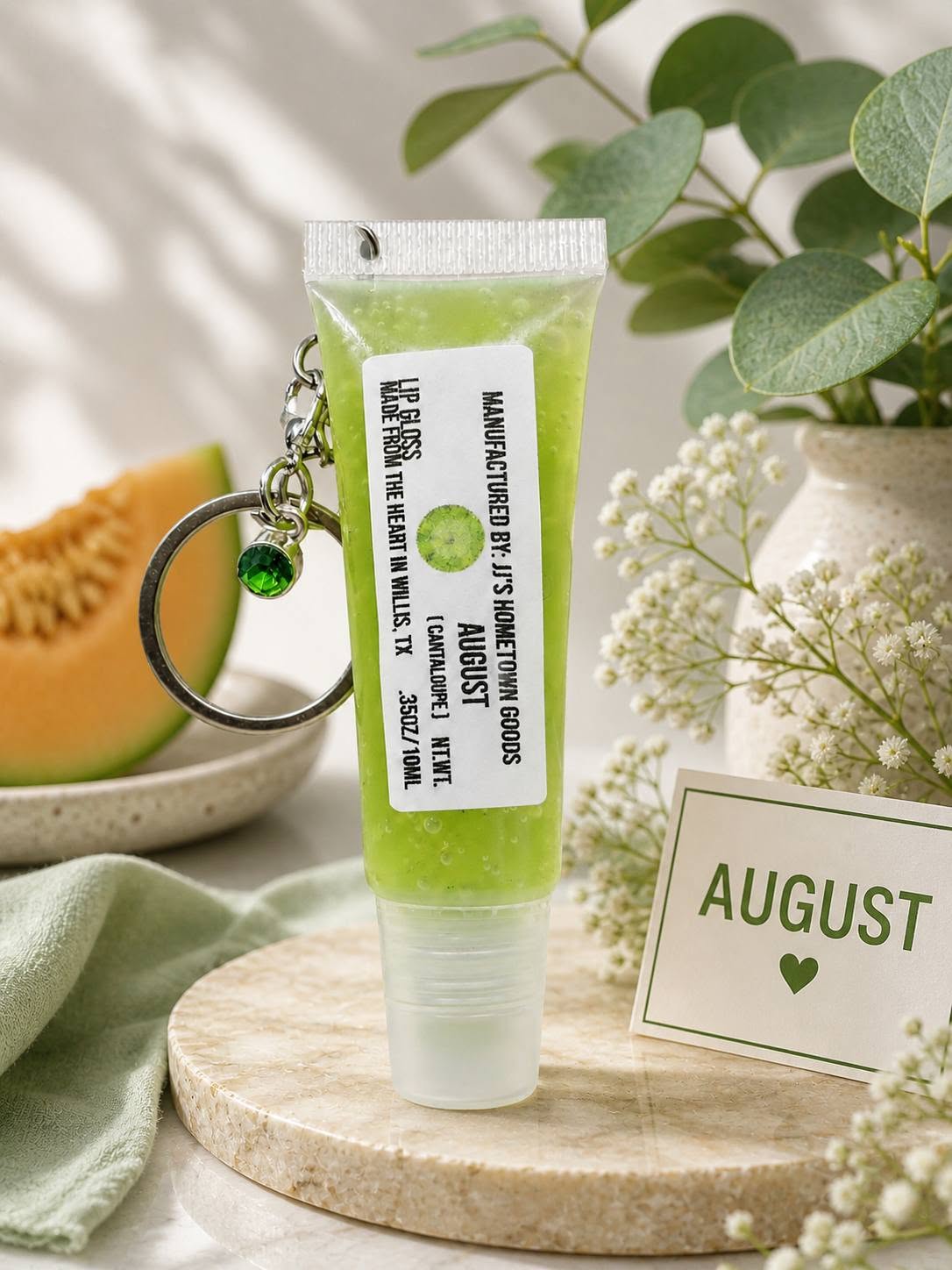 August Birthstone Cantaloupe Scented Keychain Lip Gloss