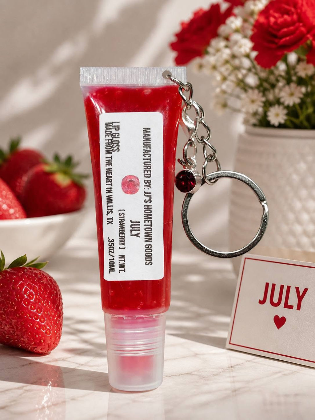July Birthstone Strawberry Scented Keychain Lip Gloss