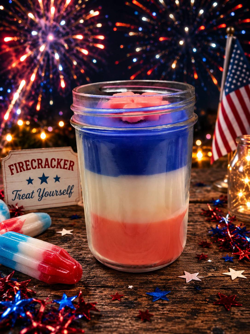 Firecracker Scented 8oz Red White and Blue Candle